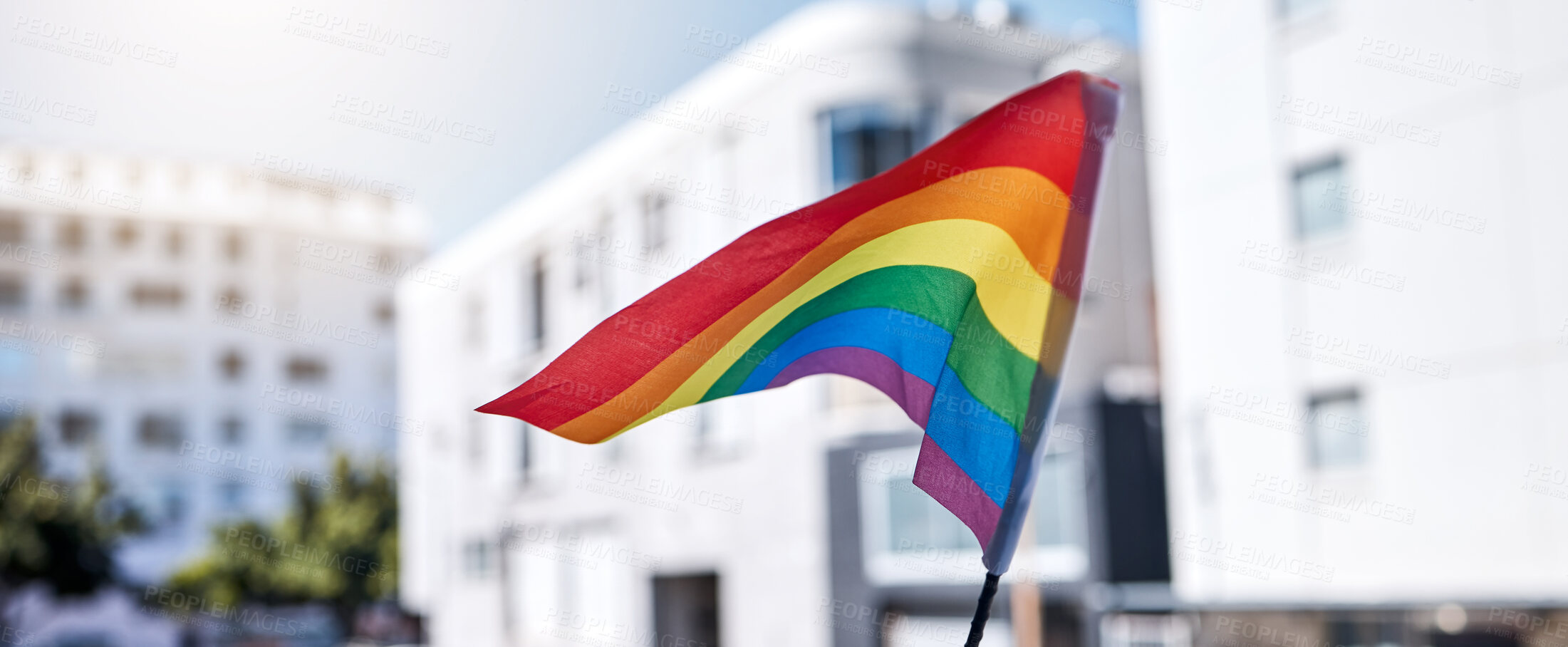 Buy stock photo Activism, flag and lgbtq protest in outdoor, demonstration and rally for tolerance in society politics. Fight, public movement and symbol of rainbow support, march and riot government problem or ban