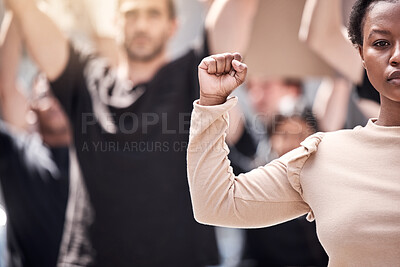 Buy stock photo Woman, fist and protest with group in portrait for climate change, announcement or support in city. People, crowd and sign of power in street for action, solidarity or sustainability in San Francisco