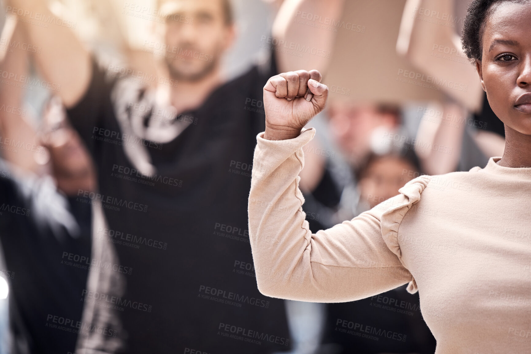 Buy stock photo Woman, fist and protest with group in portrait for climate change, announcement or support in city. People, crowd and sign of power in street for action, solidarity or sustainability in San Francisco