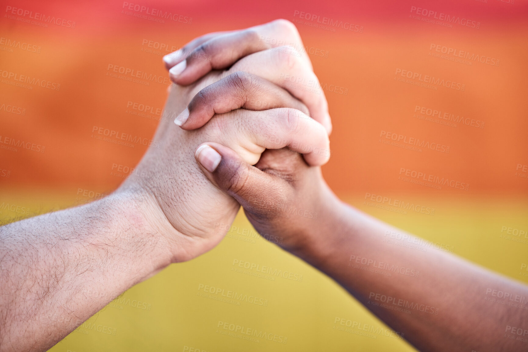 Buy stock photo Holding hands, support and pride by rainbow flag for solidarity, diversity or link for freedom in community. People, march or parade for power, lgbtq or together for connection, equality or inclusion