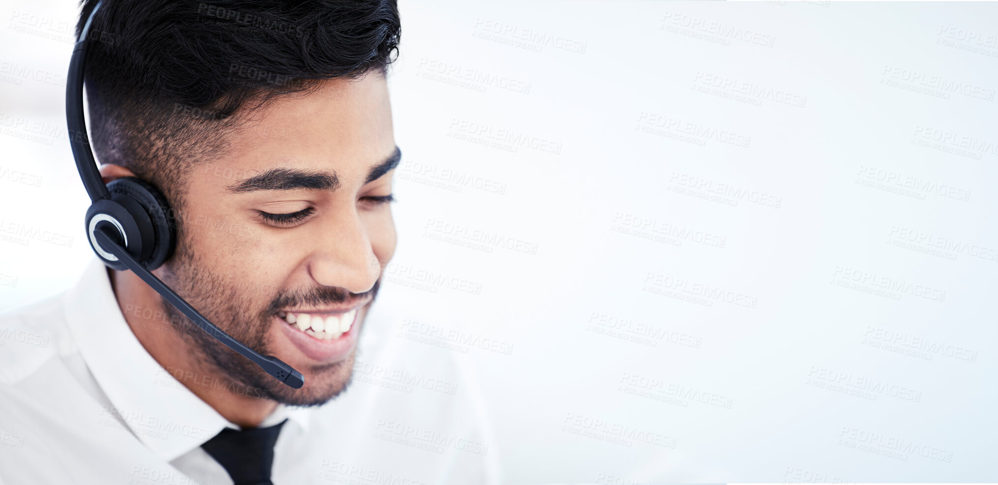 Buy stock photo Business, call center and man with telemarketing, headphones and customer service with mockup space. Person, insurance agency or consultant with headset, technical support and telecom sales in office