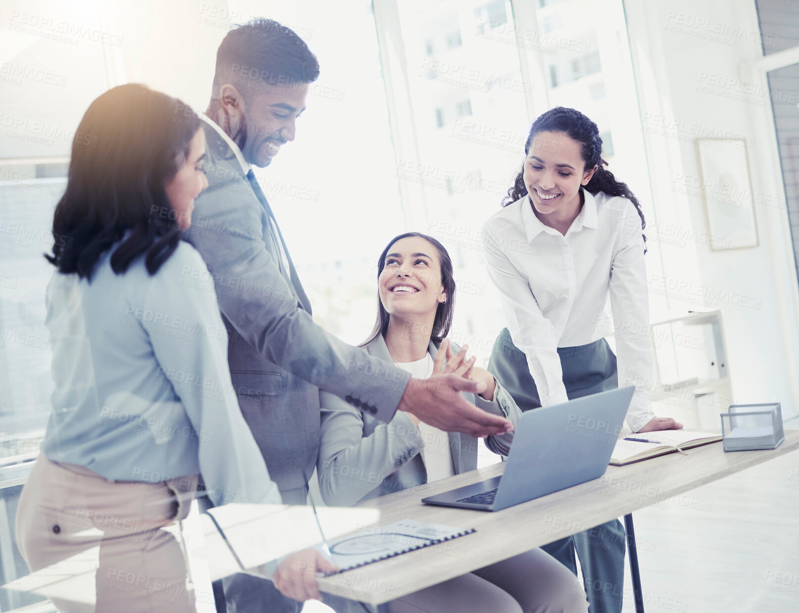 Buy stock photo Office, business people and laptop for planning, brainstorming and internet for workflow schedule. Group, employees and consultant with teamwork, computer and cooperation with ideas, email or support