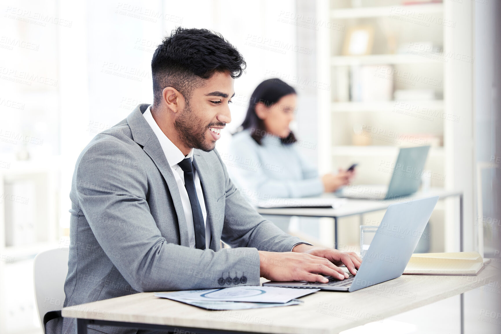 Buy stock photo Office, businessman and smile with laptop for typing, research and online information for project. Workplace, male employee and computer for corporate review, email writing or productivity for career