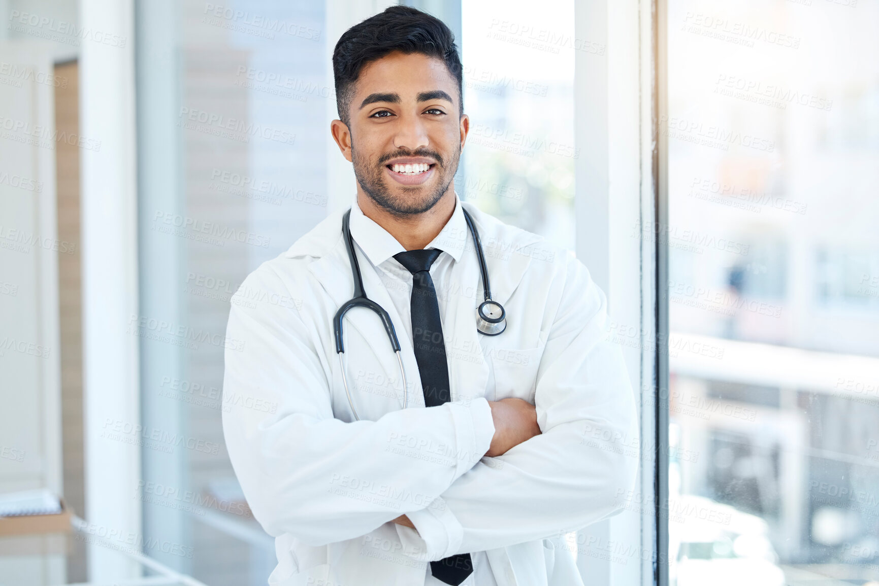 Buy stock photo Man, doctor and smile for healthcare, portrait or online for testing lab results for patient. Medical, research or happy of female person for report on treatment, medicine or internet for information