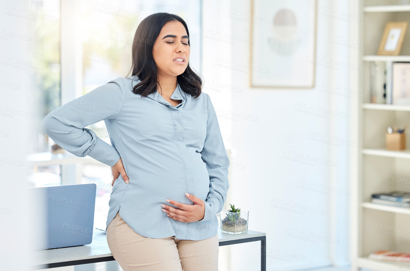 Buy stock photo Office, pregnancy and business woman with back pain, baby growth and discomfort with inflammation. Pregnant employee, ache and bad posture in maternity, trimester and muscle strain of future mother