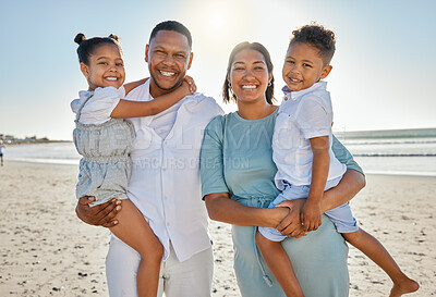 Buy stock photo Smile, beach and portrait of parents with kids for bonding on summer holiday, vacation and weekend by ocean. Happy, family and mom, dad and children for relationship, adventure and relax outdoors