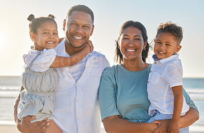 Buy stock photo Happy, beach and portrait of parents with children for bonding on summer holiday, vacation and weekend. Travel, family and mom, dad and kids by sea for relationship, adventure and relax in Brazil