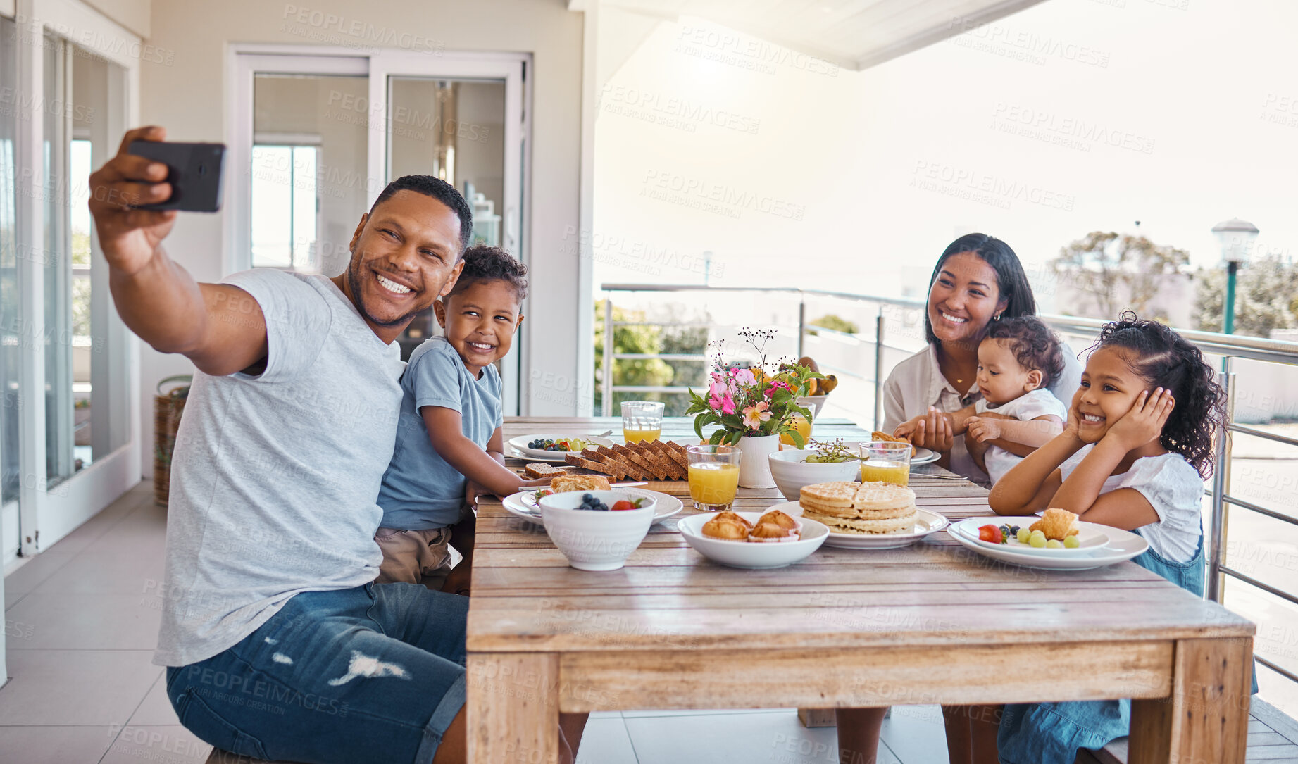 Buy stock photo Outdoor family selfie, lunch and kids with father, mother and daughter with smile, food or social media app. Man, boy children or summer brunch on patio for nutrition, baby or profile picture on blog