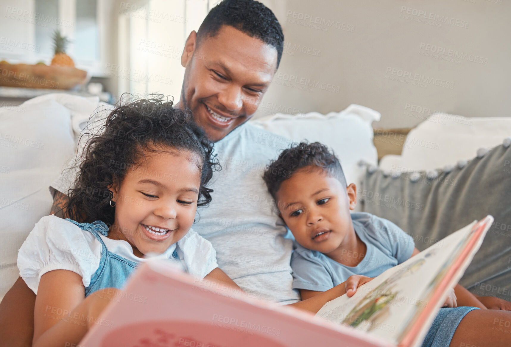 Buy stock photo Reading, books and dad with children on sofa for bonding, development and relax together on weekend. Happy family, home and father with kids in living room for story, fairytale or novel for education