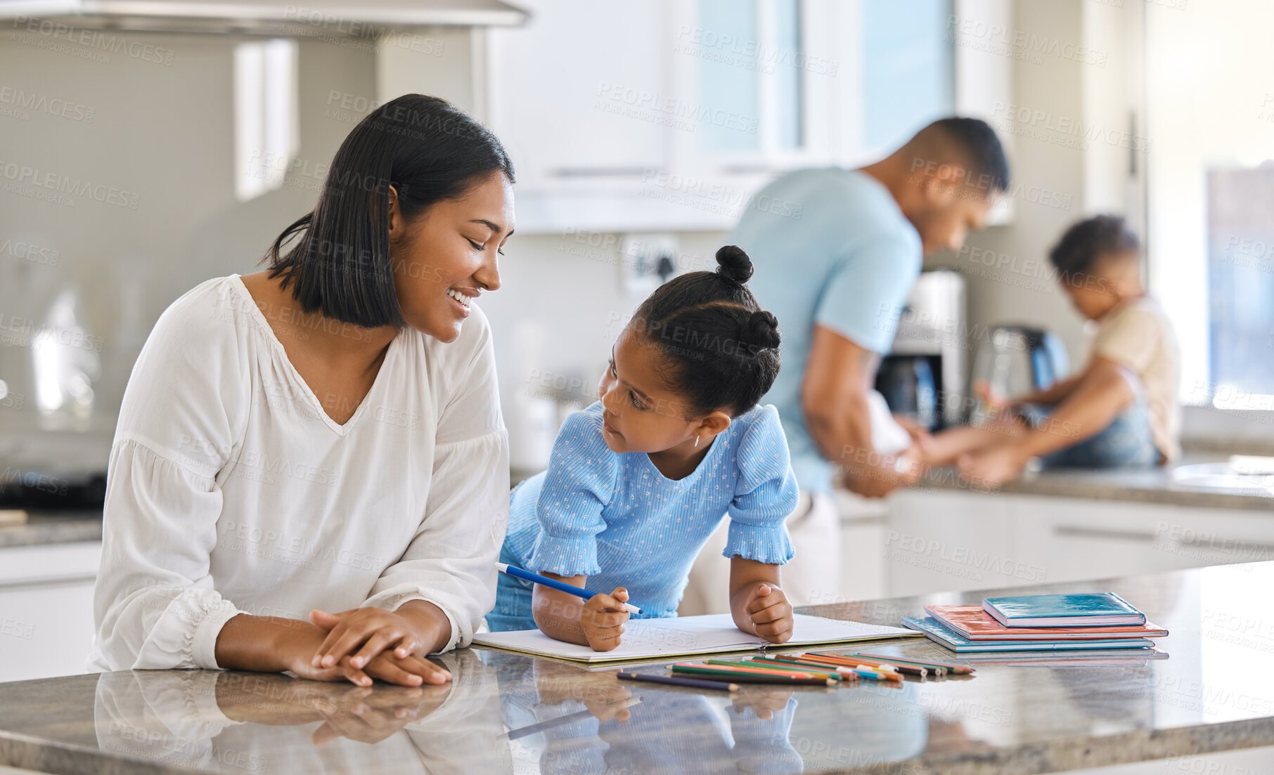 Buy stock photo Homework, mom and child in kitchen for writing, teaching and learning for kids education, growth or development. Smile, mother and daughter with support, care and help on school color project at home