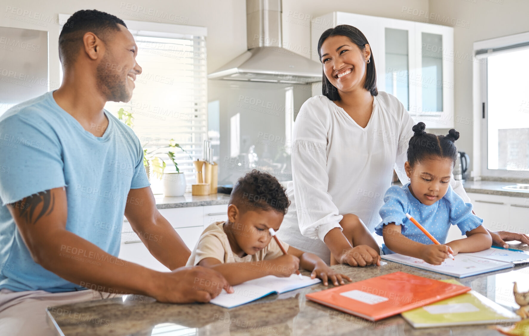 Buy stock photo Parents, kids and teaching in kitchen for homework, help and study with development, people and support. Mother, father and children in home for learning, education and school project as happy family