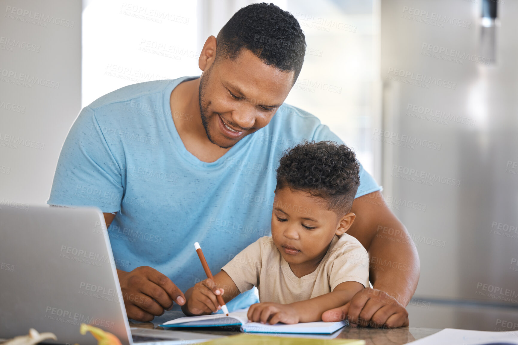 Buy stock photo Color, dad and child in kitchen for drawing, teaching and learning for kids education, growth and love. Smile, father and son with support, laptop and book for help on creative development in home