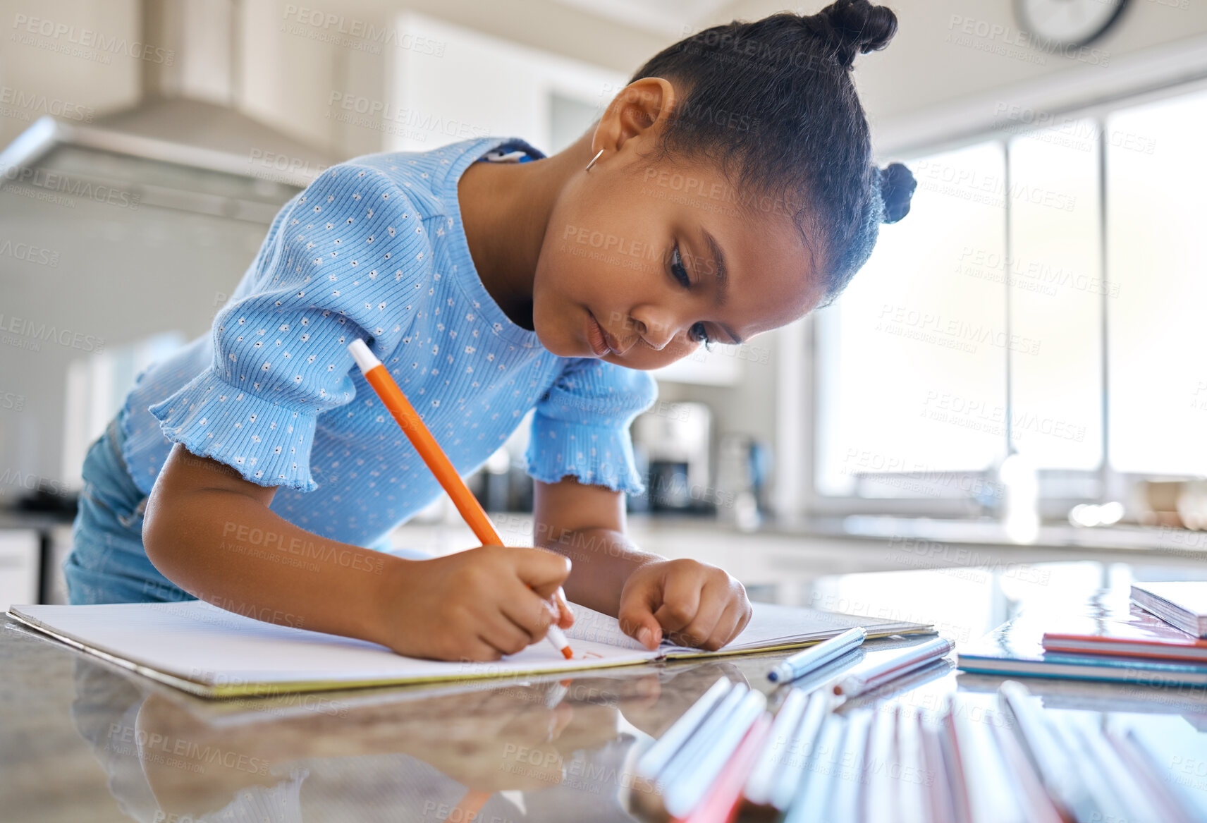 Buy stock photo Writing, homework and child in home with notebook for remote learning, education and lesson. School, assessment and young girl with stationery for creativity, drawing and development for project