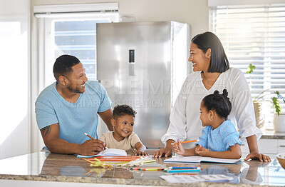 Buy stock photo Parents, children and teaching in kitchen for homework, help and study with development, people and support. Mother, father and kids in home for learning, education and school project as happy family