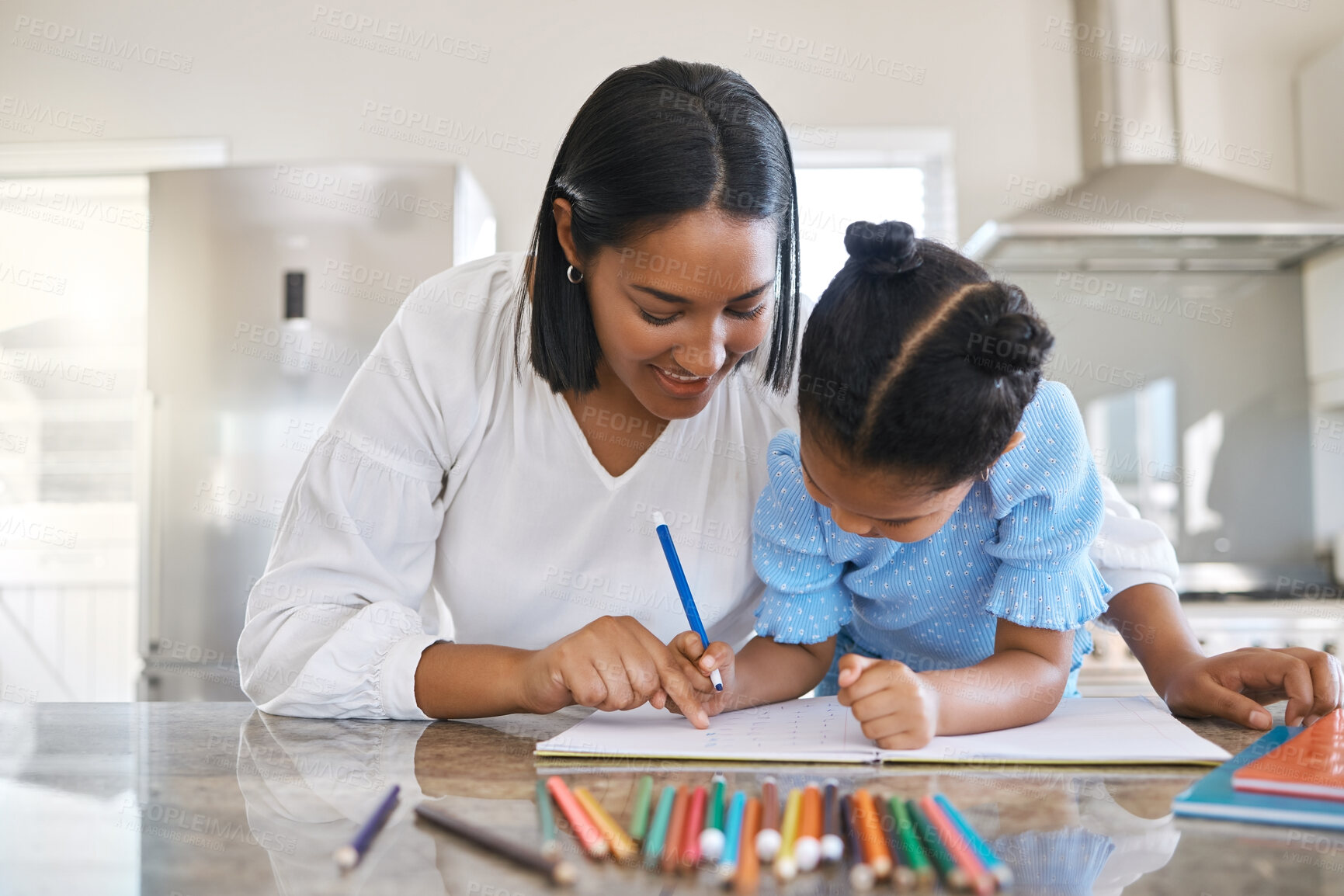 Buy stock photo Color, mom and child in kitchen for drawing, teaching and learning for kids education, growth or development. Smile, mother and daughter with support, care and help on creative school project at home