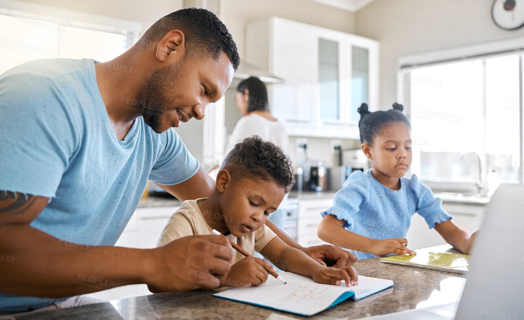 Buy stock photo Homework, father and son in kitchen for writing, teaching and learning for kids education, growth or development. Smile, dad and child with support, love and book for help on school project at home