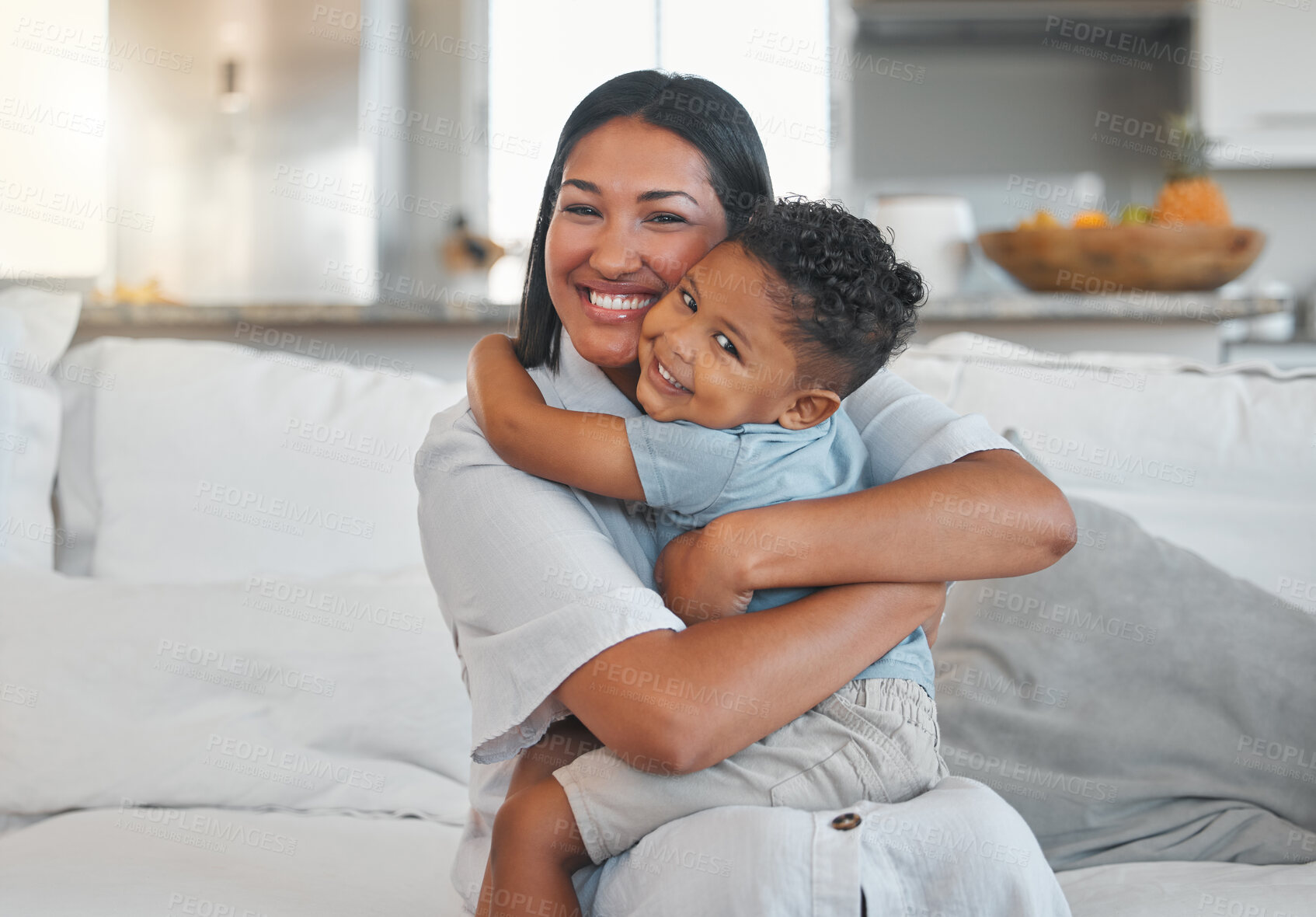 Buy stock photo Mother, child and hug in portrait on sofa with bonding, connection or affection with smile in home. Happy family, woman or boy kid on couch with embrace, love and relationship for security or support