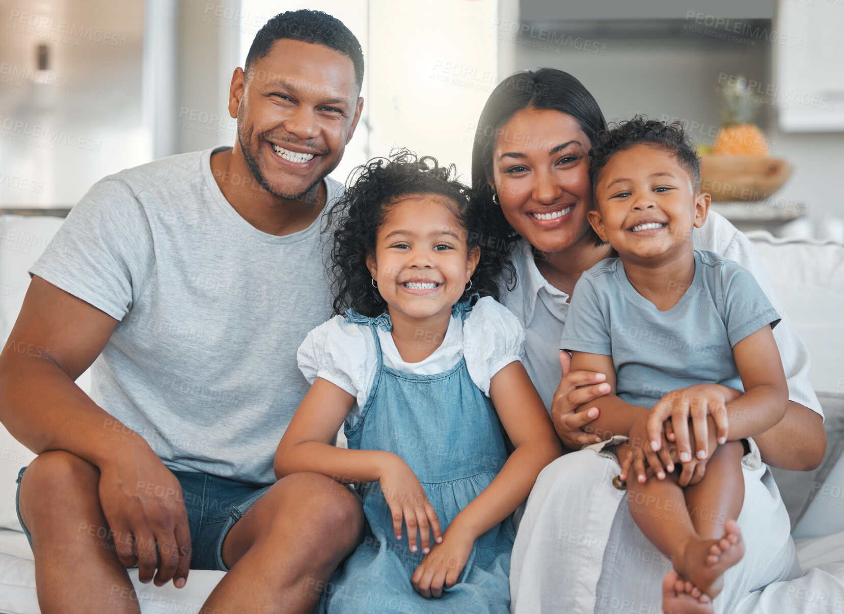 Buy stock photo Parents, children and smile in portrait on sofa with bonding, connection or affection with support in home. Happy family, people and together with relax, love and relationship for security and care