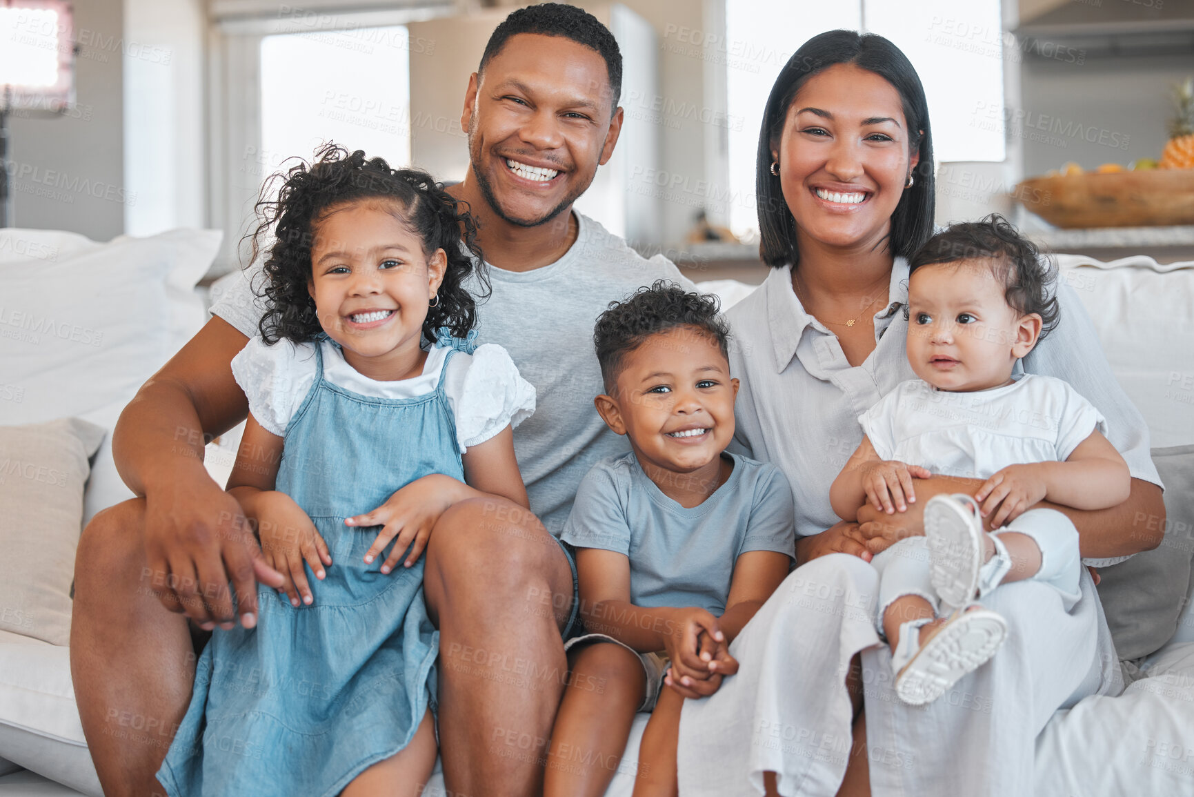 Buy stock photo Parents, children and smile in portrait on couch with bonding, connection or affection with support in home. Happy family, people and together with relax, love and relationship for security and care