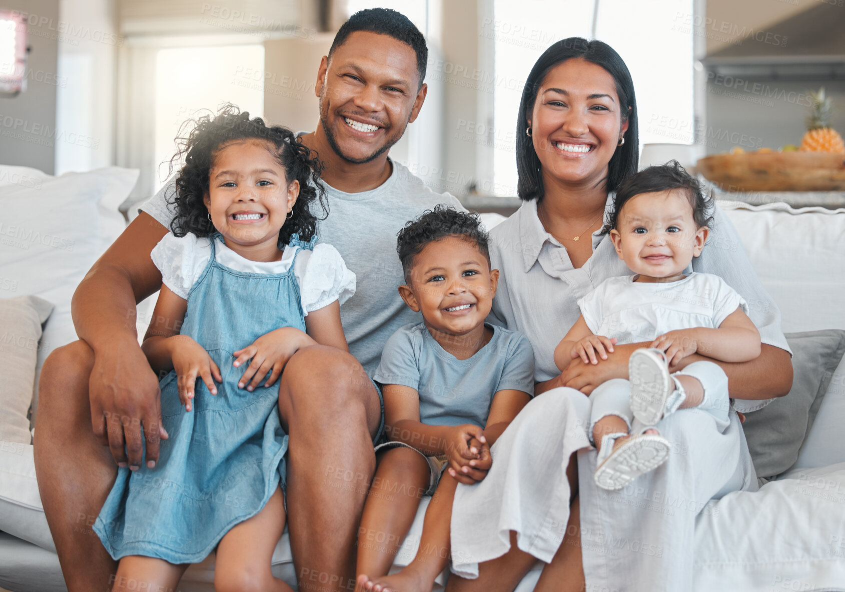 Buy stock photo Parents, kids and smile in portrait on couch with bonding, connection and affection with support in home. Happy family, people and together with relax, love and relationship for security and care