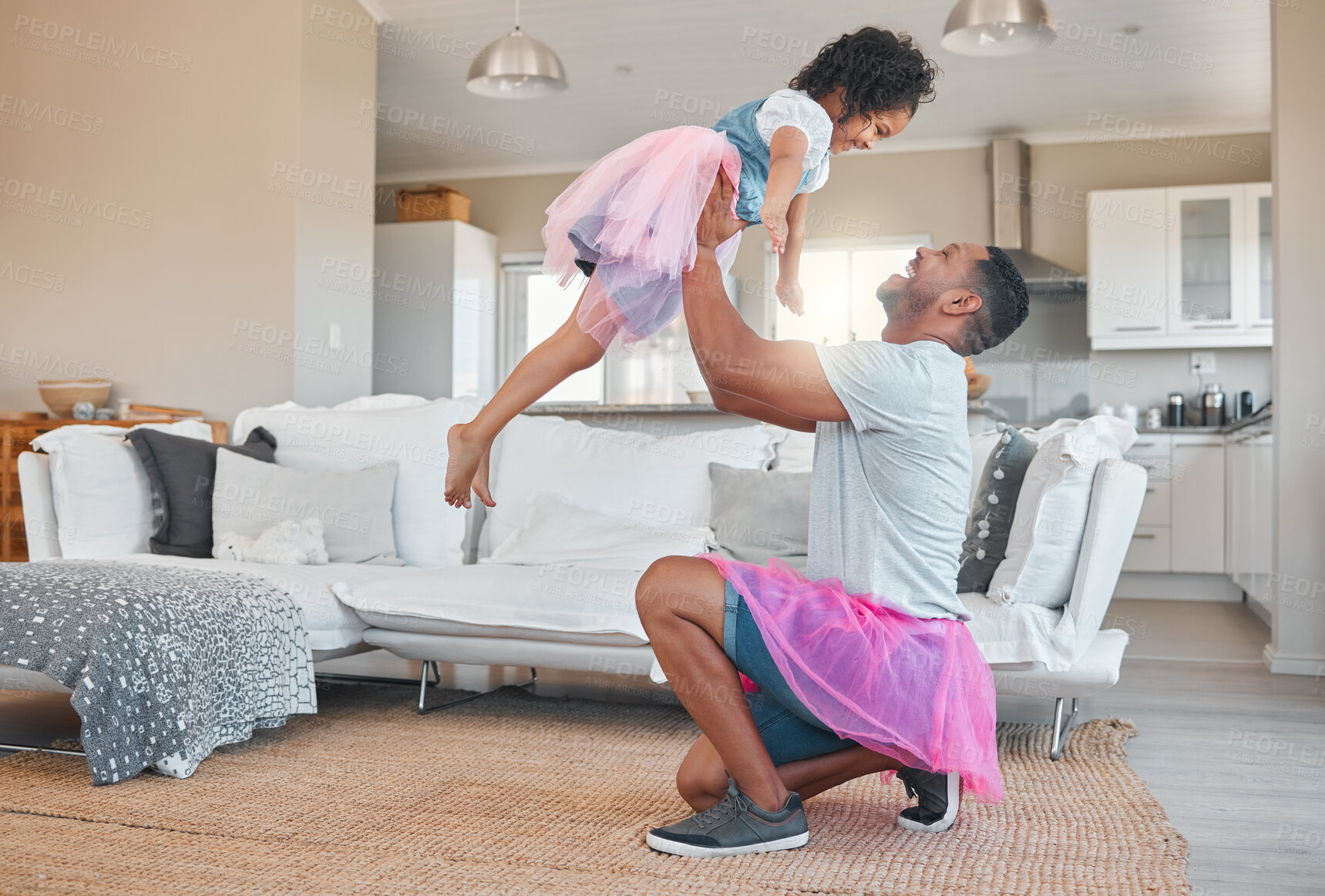 Buy stock photo Father, girl and child with ballet, lift and happy in profile for talent, performance and funny memory in home. Dad, kid and dancer with flight, bonding and connection with smile in family house