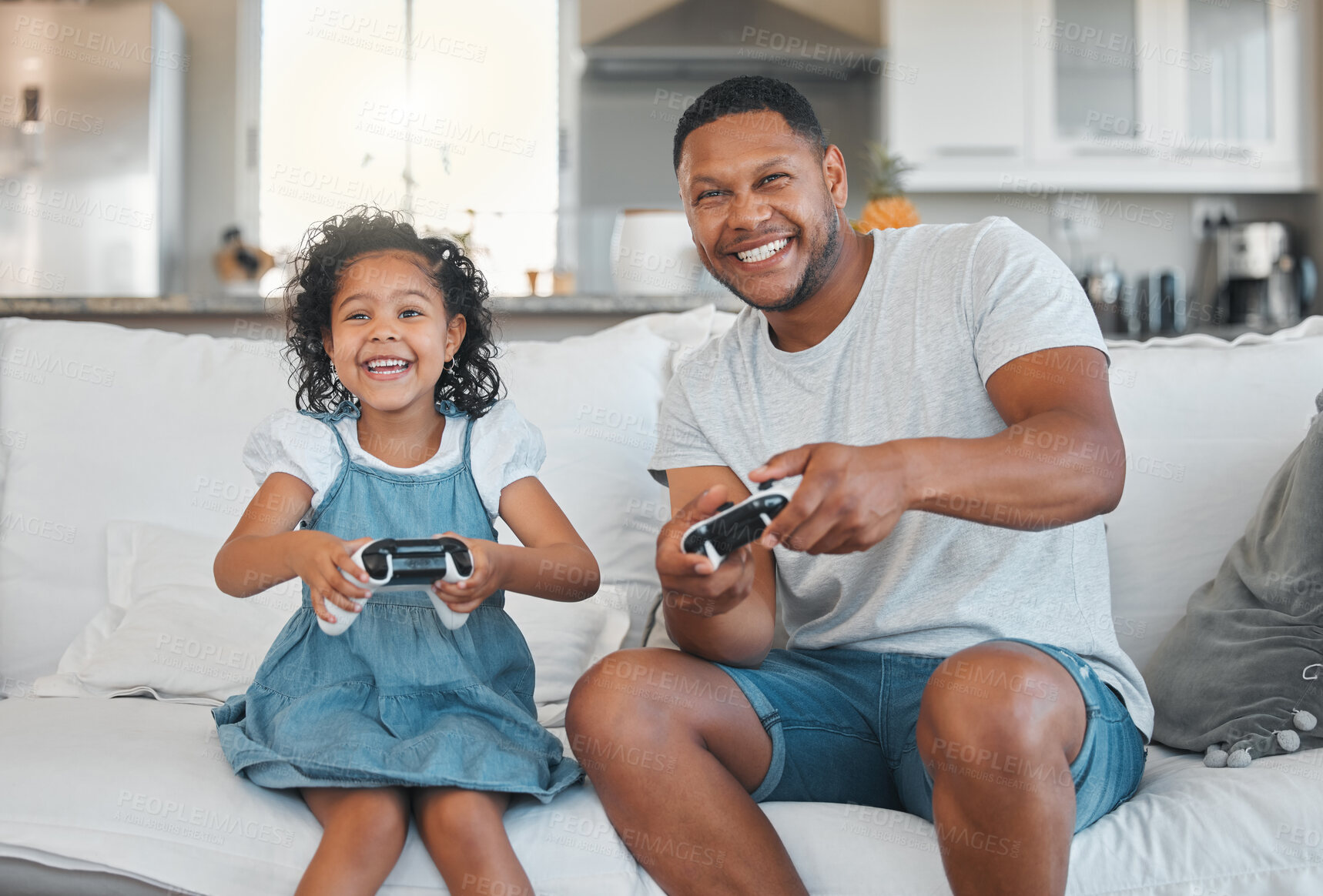 Buy stock photo Father, girl and video game with controller on sofa, happy or excited for contest, playful and bonding in house. Man, dad and child with laugh, connection or press button for challenge in family home