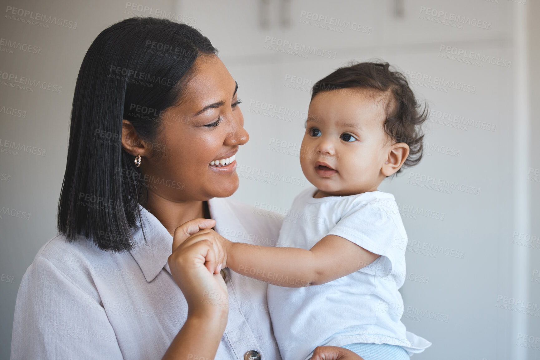 Buy stock photo Bonding, mom and baby in morning, daughter and love for child, family and together with newborn and young. Care, happy and motherhood for woman and affection for infant, smile and mother in home