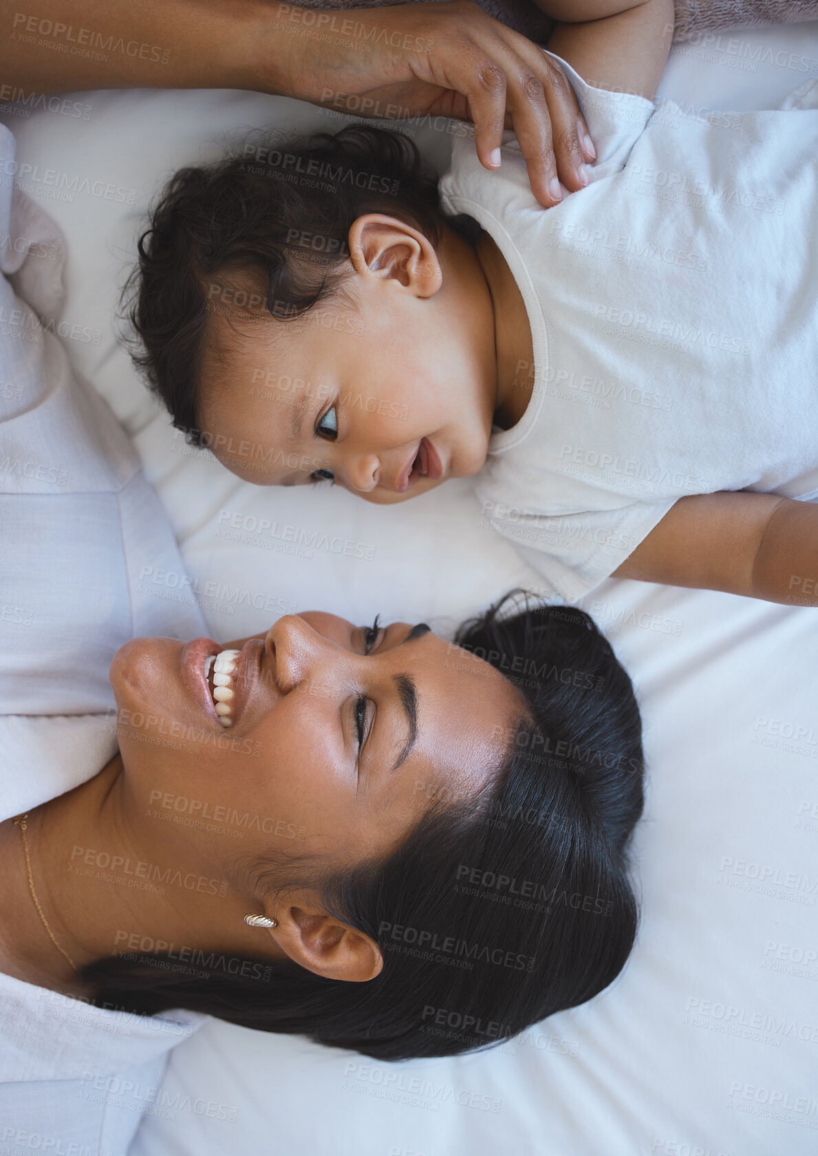 Buy stock photo Bonding, mom and baby in morning, bed and love for child, family and together with newborn and young. Care, happy and motherhood for woman, smile and affection for infant, parent and mother in home