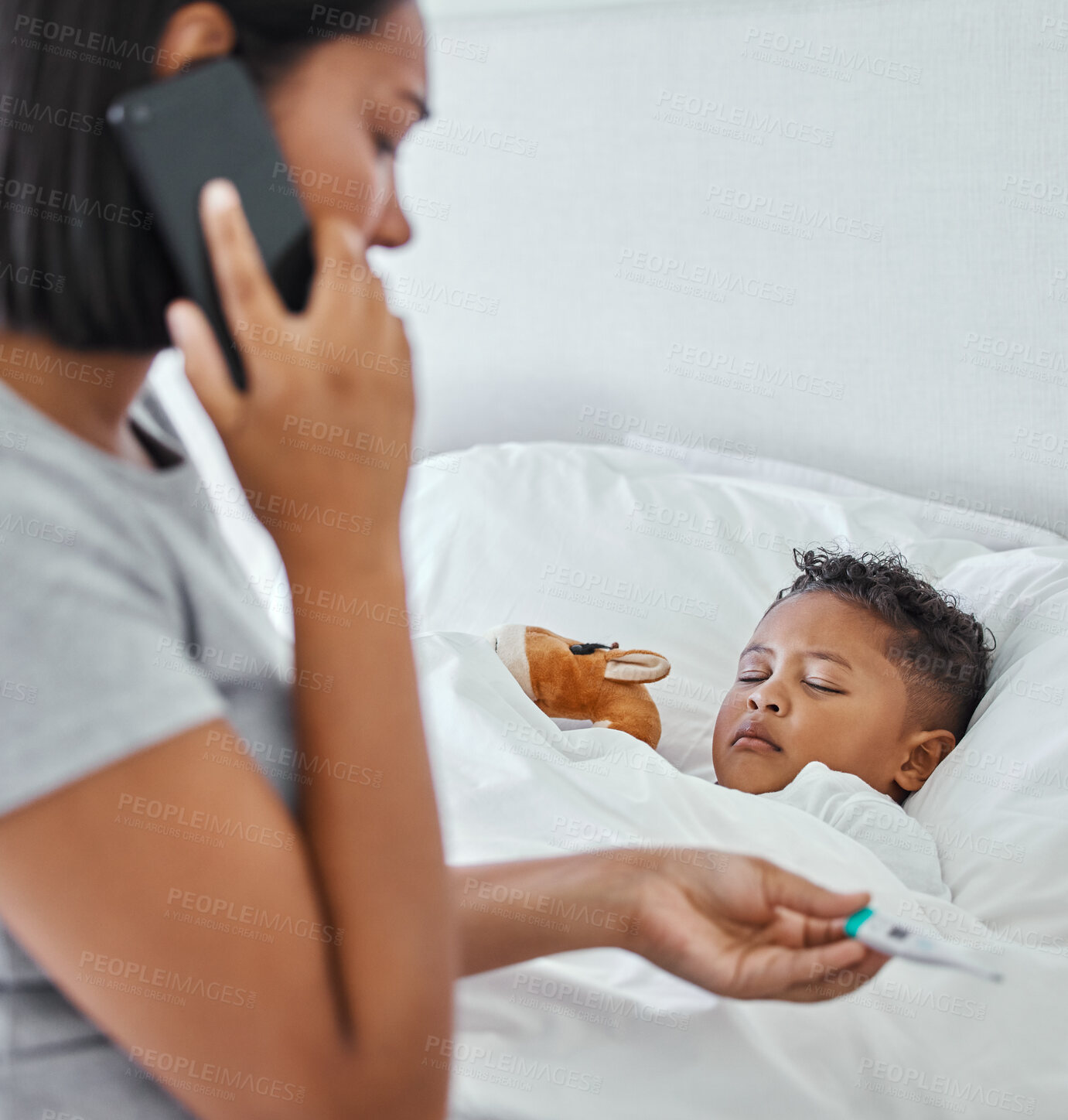 Buy stock photo Mother, child and check thermometer with phone call for fever consultation, medical problem and virus infection. Woman, mobile and monitor temperature, symptoms and  communication of results at house