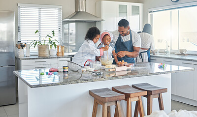 Buy stock photo Father, children and chef baking in kitchen for breakfast dessert, teaching skills and help with cookies. Happy, family and girls with bowl mixture of cake, morning bonding and learning at house