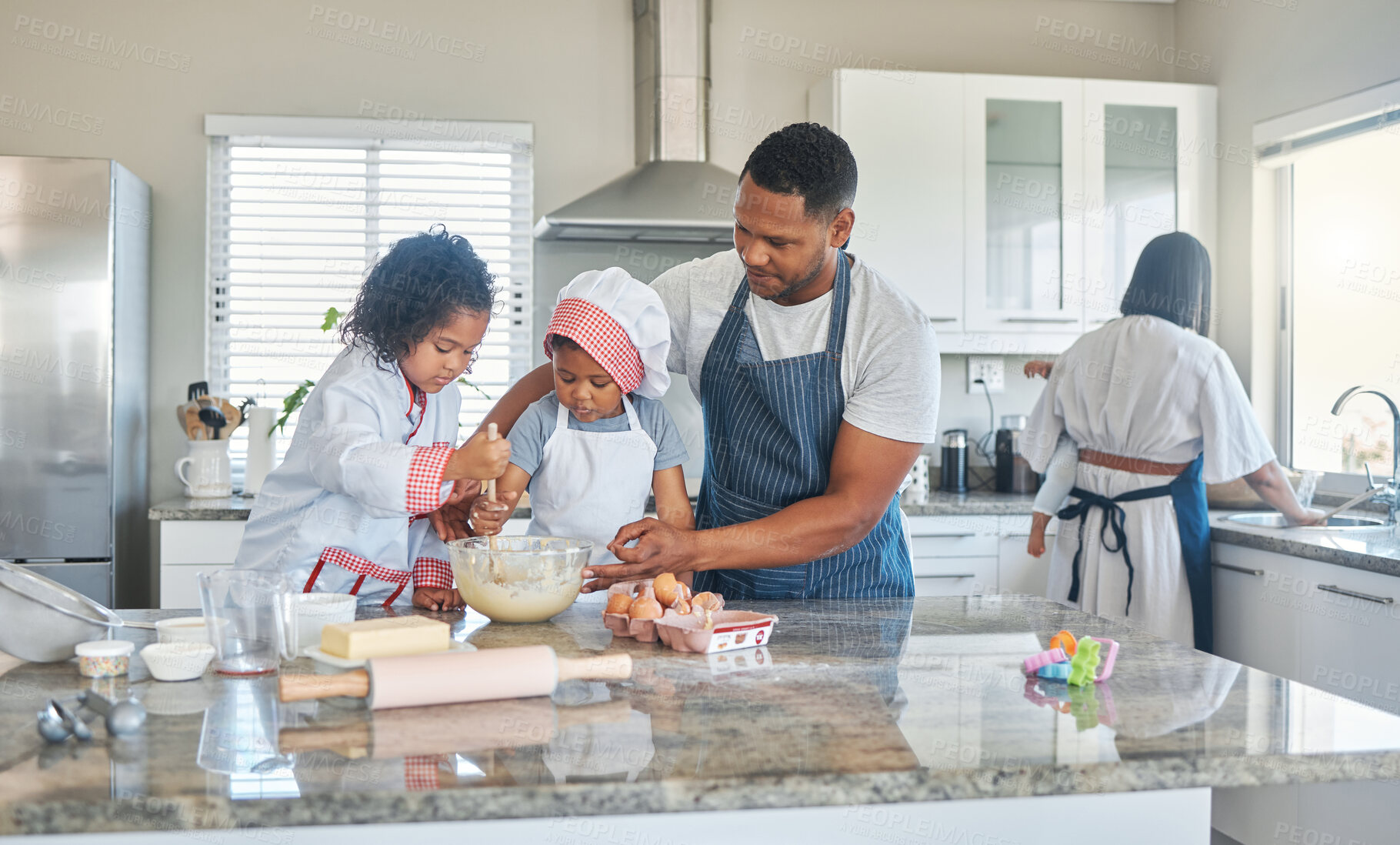 Buy stock photo Family, children and mix dough for baking, teaching and help with flour in bowl. Mother, father and kids learning cooking with food for support, development and people prepare dessert in home kitchen