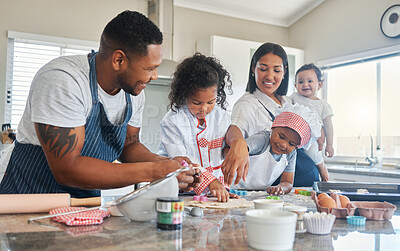 Buy stock photo Happy family, kids and dough cutter for baking, teaching and shape flour in home kitchen. Mother, father and children learning cooking to help with dessert, recipe and people prepare cookies together