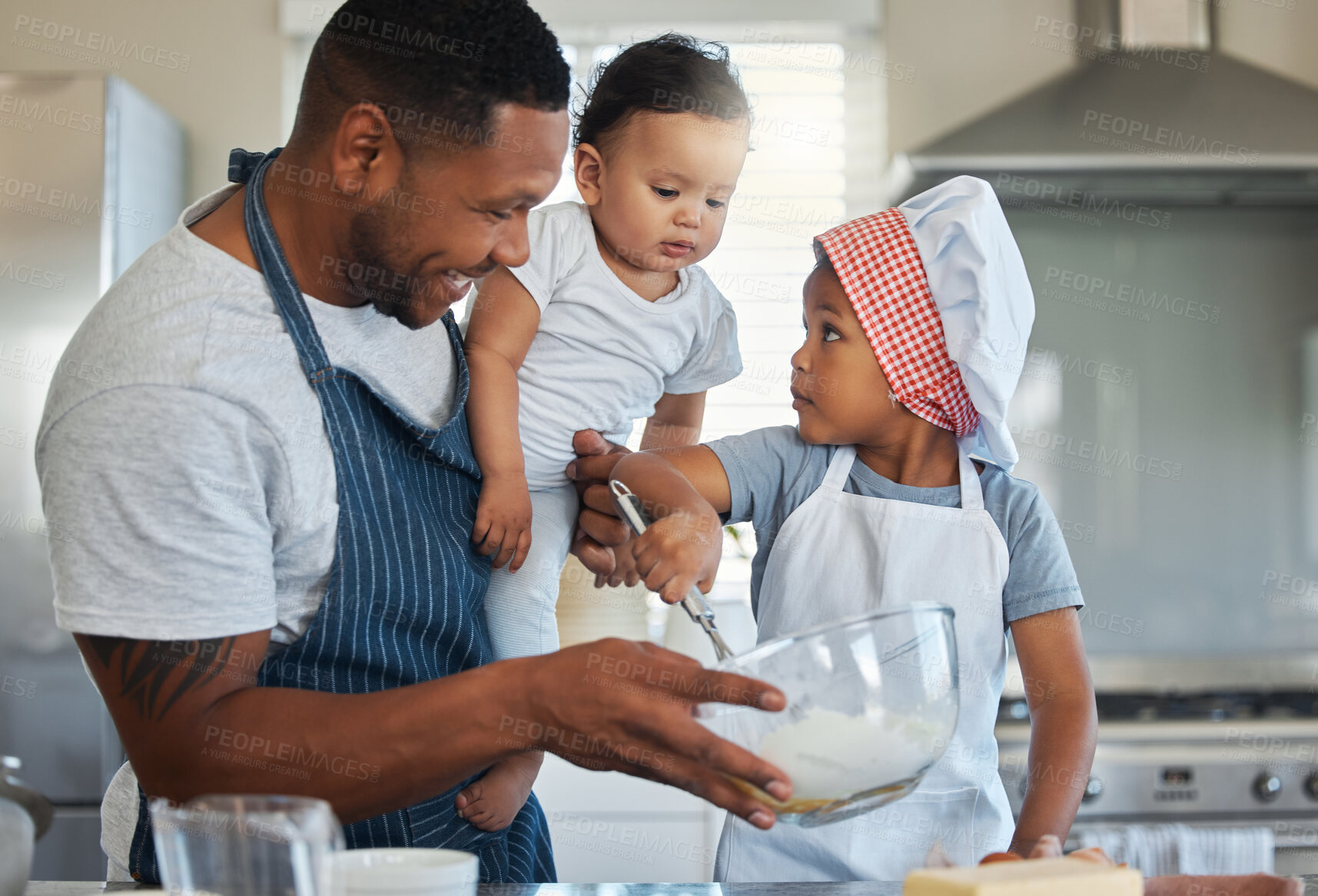 Buy stock photo Baking, morning and dad with children in kitchen for cake, sweet treats and dessert for bonding or relationship. Family, home and father with kids and ingredients, recipe and learning skills together