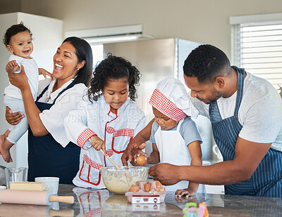 Buy stock photo Happy family, children and crack egg for baking, teaching and help with flour in bowl. Mother, father and kids learning cooking with food for love, laughing and people prepare dessert in home kitchen