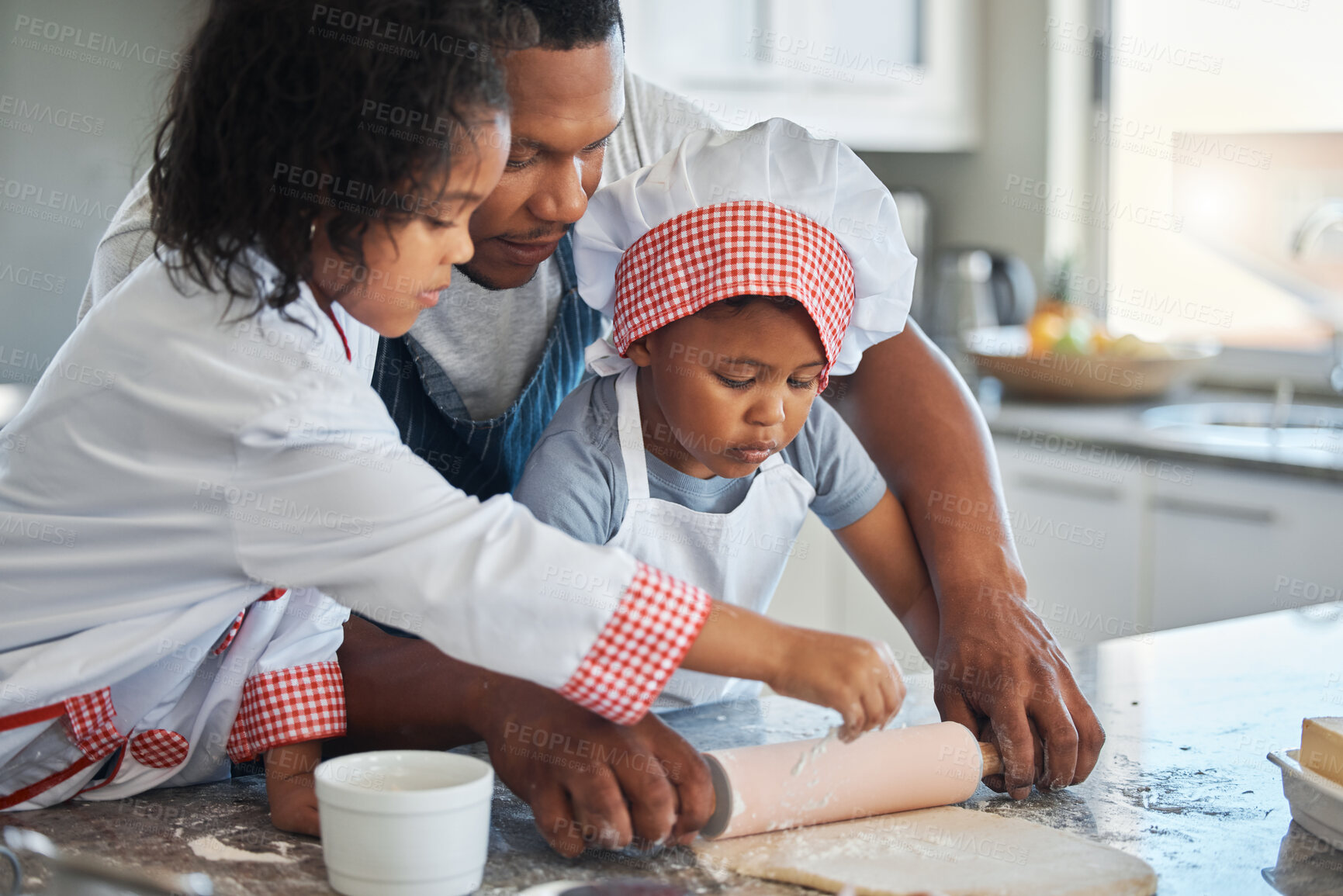 Buy stock photo Kitchen, father and kids with roller for baking, learning and motor development for childhood. Teamwork, dad and children at home for support, helping and preparation for pastry with how to in house