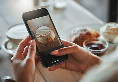 Buy stock photo Hands, phone screen and photography with cappuccino at cafe for review, choice and post on social media. Person, influencer and customer experience with drink, beverage and mobile app at coffee shop