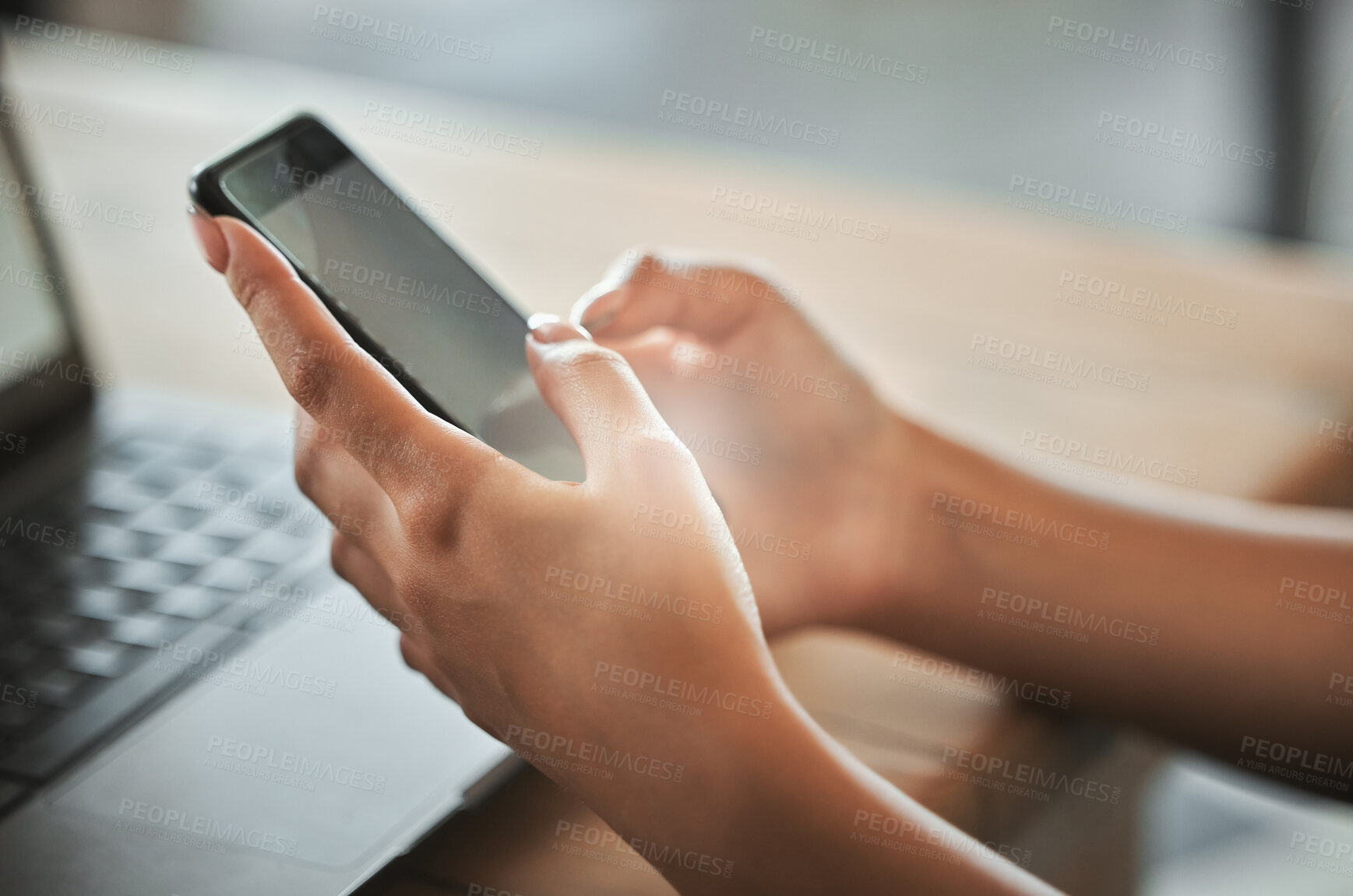 Buy stock photo Hands, blank phone screen and texting in home with laptop, click and contact with mock up space. Person, smartphone and remote work with mobile app, communication and scroll on web at apartment