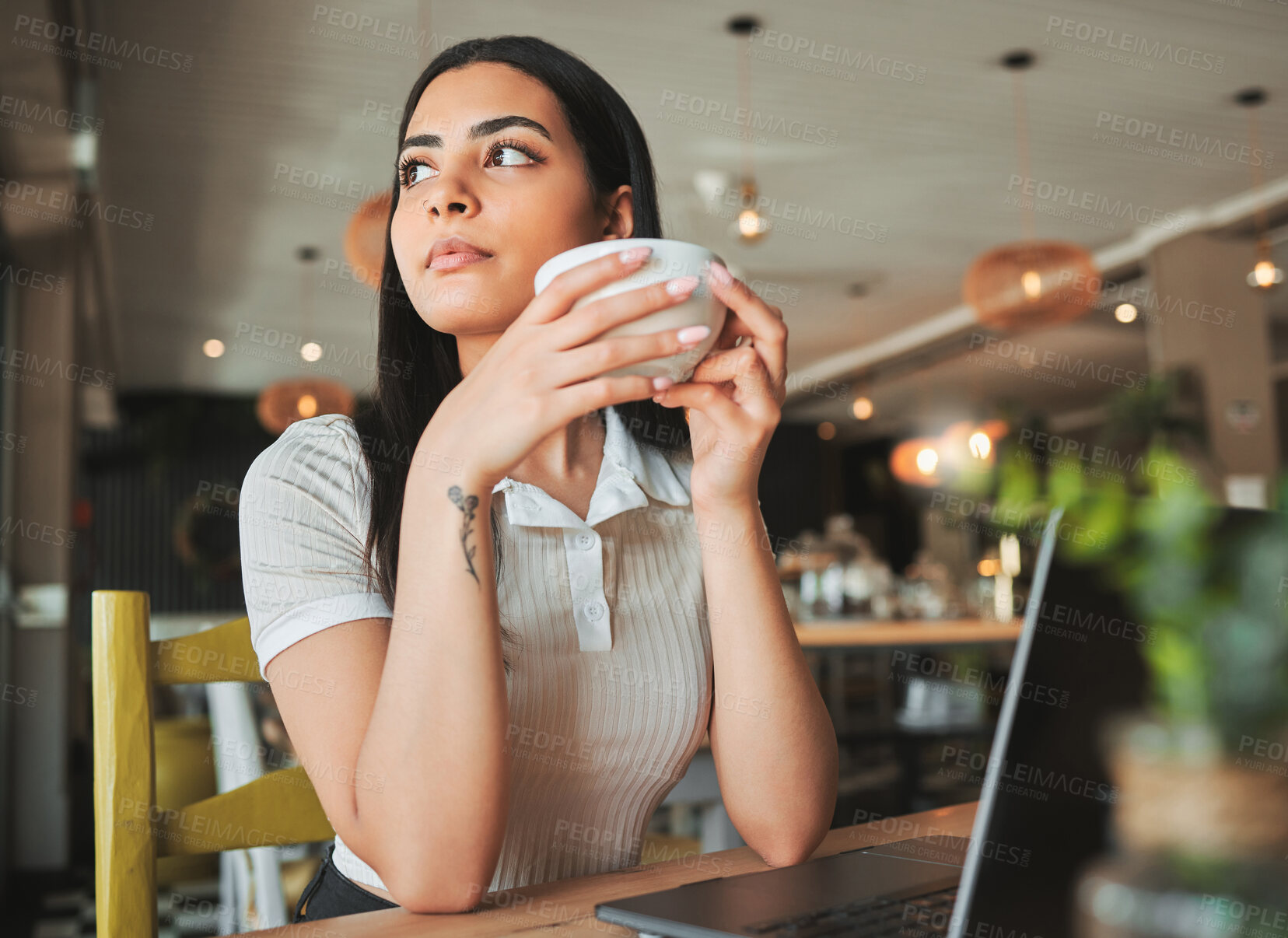 Buy stock photo Woman, coffee and thinking with laptop at cafe with project, review and start morning with inspiration for remote work. Person, writer and reflection with computer, feedback and drink at restaurant