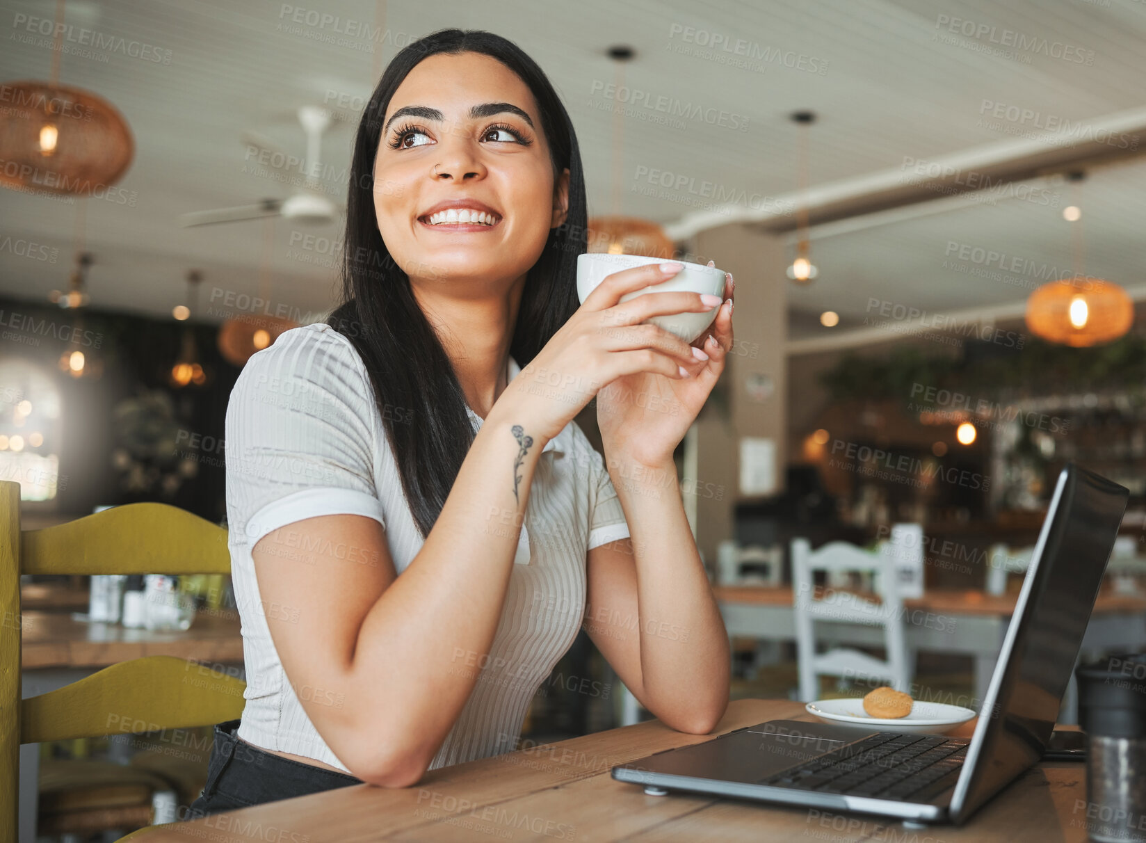 Buy stock photo Woman, smile and thinking with laptop at cafe with project, review and start morning with inspiration for remote work. Person, writer and reflection with computer, feedback and drink at coffee shop