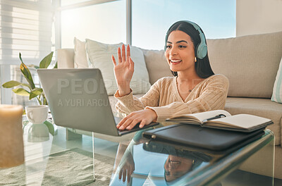 Buy stock photo Woman, laptop and video call at home with headphones, elearning and online university class. Greeting, education and talking with internet, tutor and communication for exam with website by couch