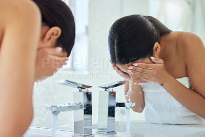 Buy stock photo Bathroom, hydration and washing of face, woman and removal of mask, treatment and dermatology in home. Beauty, water drops and cleaning of oil in skin, skincare and person with facial for moisture