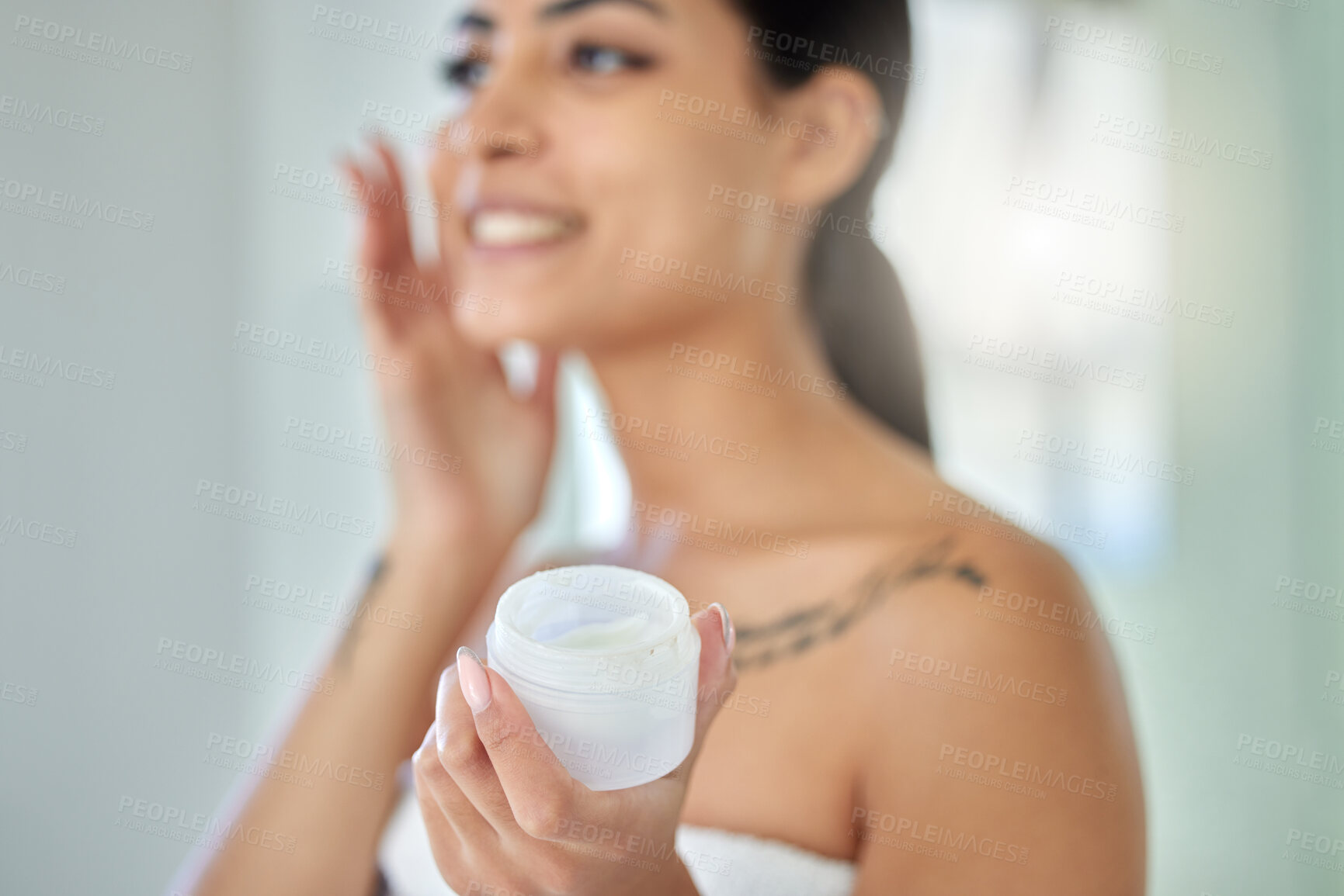 Buy stock photo Woman, bathroom and cream jar for skincare, antiaging and beauty at home and happy. Female person, smile and satisfied with lotion at apartment for moisturizer for glow, fresh skin and self care 