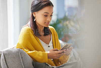 Buy stock photo Woman, relax and texting with phone at house on social media platform, chatting and conversation. Female person, mobile app and reading discussion, writing feedback and website with message update