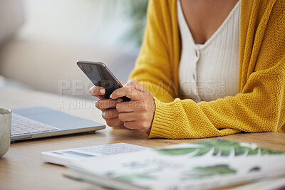 Buy stock photo Cellphone, hands and woman in home typing email for online university application information. Closeup, education and female student with phone for virtual college admission form at apartment.