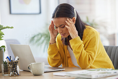 Buy stock photo Headache, fatigue and woman with laptop in home studying for university exam with online book. Migraine, stress and female student preparing for college test or assignment with research at apartment.