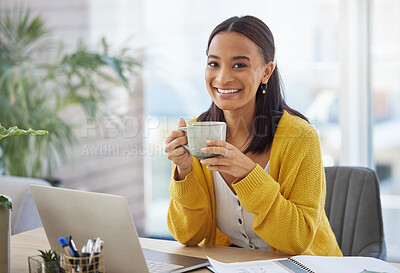 Buy stock photo Happy woman, portrait and laptop with coffee for morning business, start or productivity at office. Female person, creative employee or designer with smile, computer or drink for caffeine beverage