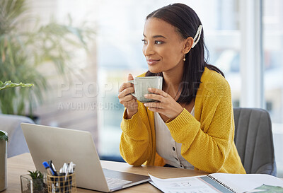 Buy stock photo Woman, thinking and laptop of finance at house for budget planning, mortgage application and schedule. Female person, online banking and coffee of expenses payment, funding information and investment