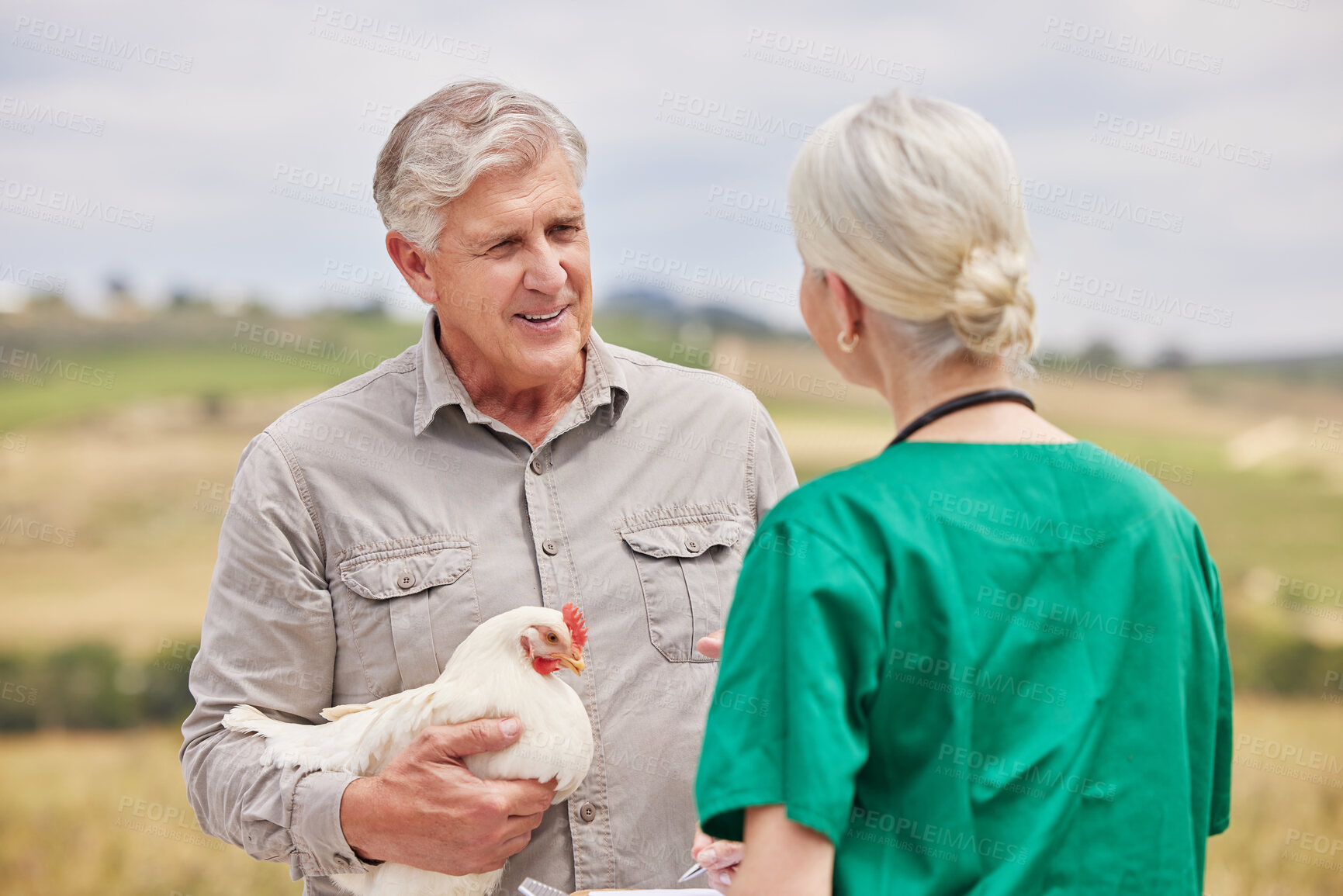 Buy stock photo Shot of a man having a discussion with a veterinarian on a poultry farm