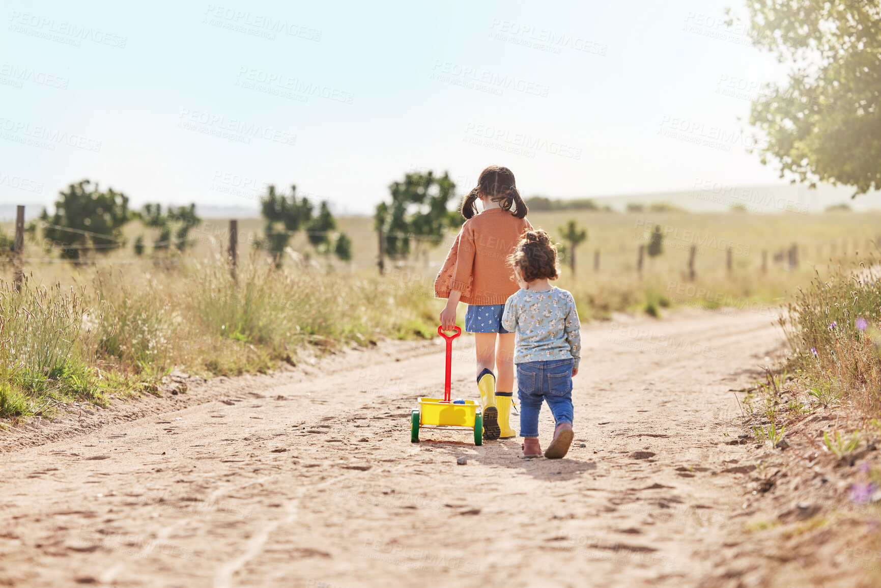 Buy stock photo Shot of two little girls playing together on a farm