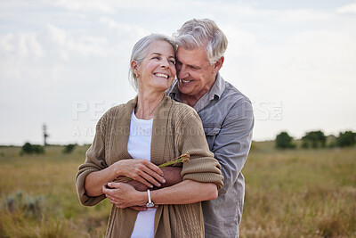 Buy stock photo Love, hug and smile with old couple in nature for bonding, happy and romance. Happiness, retirement and support with senior man and woman in countryside for affectionate, holiday and vacation